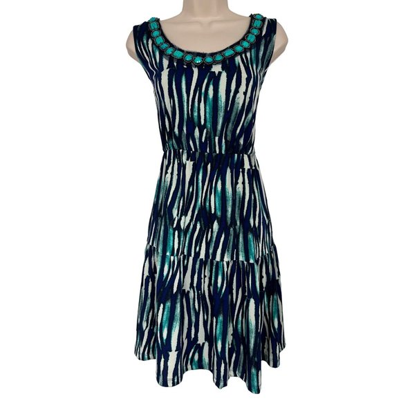 Size XL X-LARGE‎ TURQUOISE EMBELLISHED NECKLINE SUMMER DRESS Wedding Vacation - Picture 1 of 5